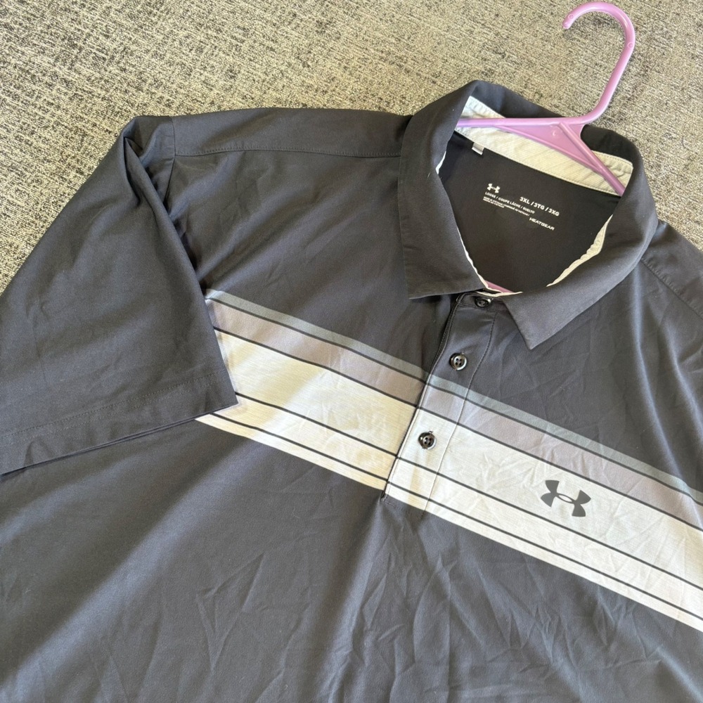 Under Armour Polo Shirt 3XL Grey/black Striped HeatGear Loose Fit Short Sleeve